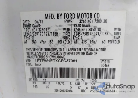 2012 Ford F-150 Xlt из США, поврежденный, VIN 1FTFW1ETXCFC37081